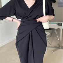 韓版法式復古翻領交叉設計顯瘦高腰文藝五分袖連衣裙長裙女8199