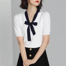2021夏季新款韓版天絲系結飄帶修身短袖套頭針織衫女上衣