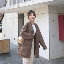 2019秋冬新款韓版針織開衫女中長款寬松V領復古麻花毛衣外套外穿