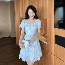 連衣裙女2021新款網紅夏季雪紡碎花高腰短裙韓版時尚藍色印花裙子