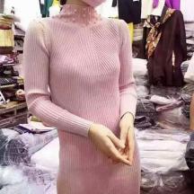 立領釘珠針織打底連衣裙