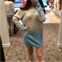 漸變色V領寬松針織衫中長款毛衣連衣裙女