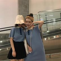 學(xué)院風(fēng)中長(zhǎng)款慵懶短袖連衣裙